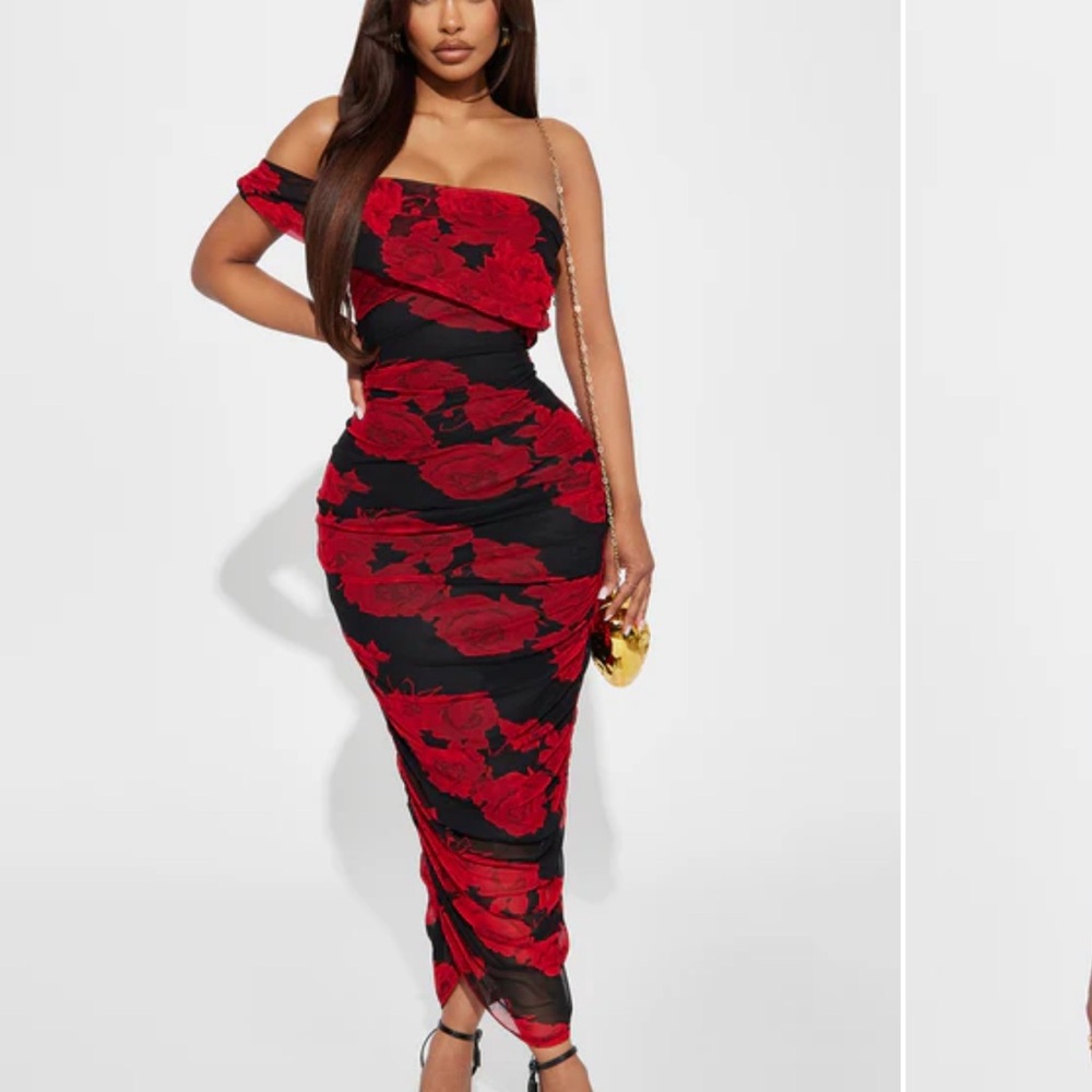 Elegant Red and Black Floral Dress